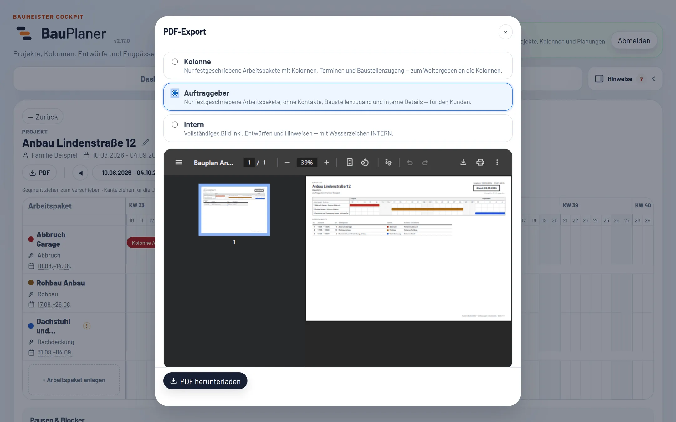 PDF-Export-Dialog mit Zielgruppenwahl Kolonne, Auftraggeber und Intern: die Auftraggeber-Fassung zeigt nur festgeschriebene Arbeitspakete, die Vorschau den fertigen Bauzeitenplan.